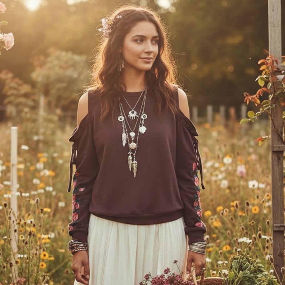 Umgee Brown Cold shoulder Sweatshirt with Floral Embroidery SZ L